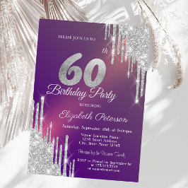 Chic Silver Glitterdroppar Lila 60-årsdag Inbjudningar