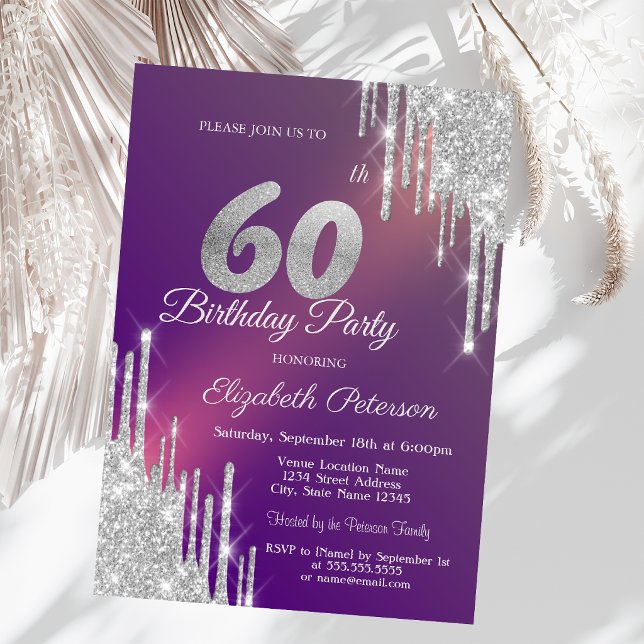 Chic Silver Glitterdroppar Lila 60-årsdag Inbjudningar (Skapare uppladdad)