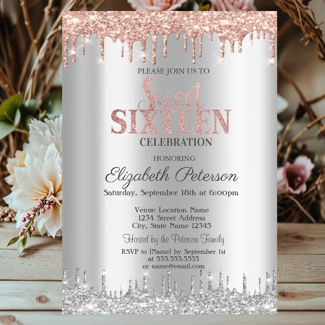 Chic Silver Glitterdroppar Roséguld  Sweet 16 Inbjudningar (Skapare uppladdad)