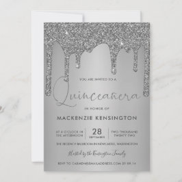 Chic Silver Gnistra Glitter Drips Quinceañera Quin Inbjudningar