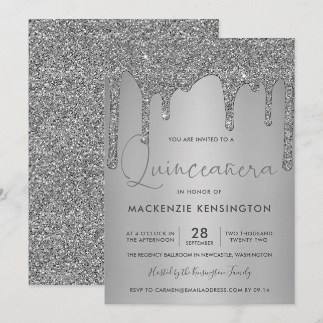 Chic Silver Gnistra Glitter Drips Quinceañera Quin Inbjudningar (Fram/baksida)