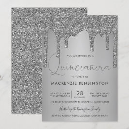 Chic Silver Gnistra Glitter Drips Quinceañera Quin Inbjudningar