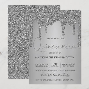 Chic Silver Gnistra Glitter Drips Quinceañera Quin Inbjudningar