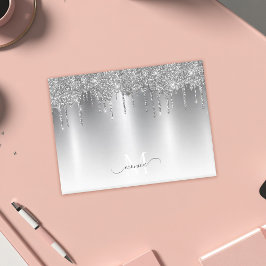 Chic Silver Grå Droppande Glitter Monogram Namn Post-it Block
