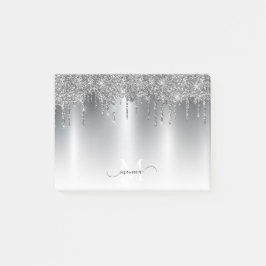 Chic Silver Grått Drickning Glitter Monogram Namn Post-it Block
