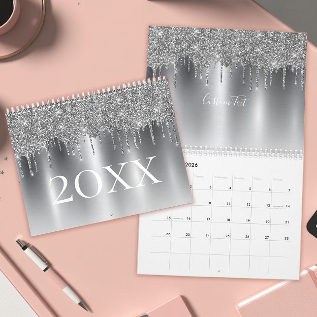 Chic Silver Grått Glitter Ombre Monogram Kalender (Personalized Silver Glitter Drip Ombre Monogram Calendar)