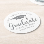 Chic Silver Grått Student Anpassningsbar Studentfe Underlägg Papper Rund<br><div class="desc">Den här pappra underlägg för studentfest i anpassningsbar innehåller inslag av högskola eller högskola i namn för 2025 års klass. Anpassa med ditt utbildningsår under handskrivet skript för chic och modernt grått grad-lock för en underbar student-design för personlig.</div>