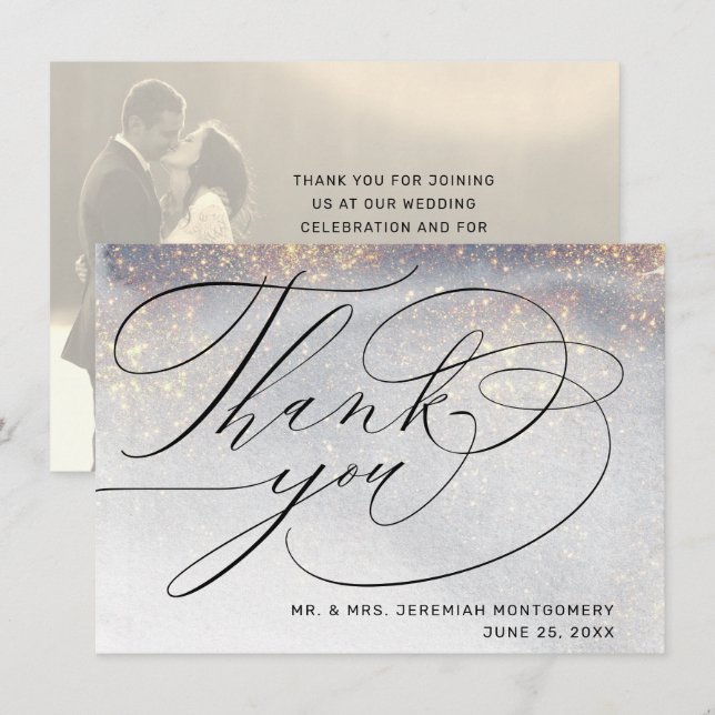 Chic Silver Guld Glitter Vattenfärg Bröllopsfoto Tack Kort (Fram/baksida)