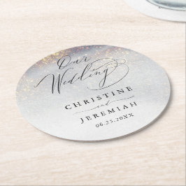 Chic Silver Guld Gnistra Watercolor Luxury Bröllop Underlägg Papper Rund