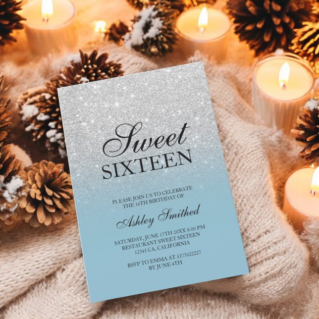 Chic silver isblått elegant Sverige 16 Inbjudningar (Chic silver glitter ice blue elegant Sweet 16 Invitation)