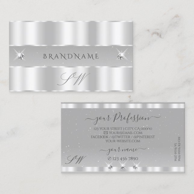 Chic Silver Light Grått Sparkling Diamonds Initial Visitkort (Fram/baksida)