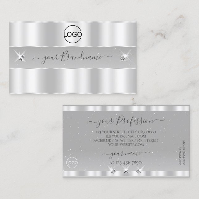 Chic Silver Light Grått Sparkling Diamons Add Logo Visitkort (Fram/baksida)