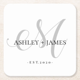 Chic Silver M Monogram Namn Bröllopsdatum Underlägg Papper Kvadrat