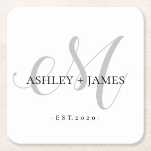  Chic Silver M Monogram Script Namn Bröllop Underlägg Papper Kvadrat
