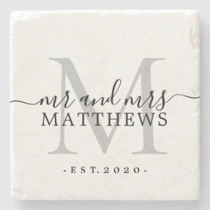 Chic Silver Monogram Bokstav Stil Namn Bröllopsdat Stenunderlägg