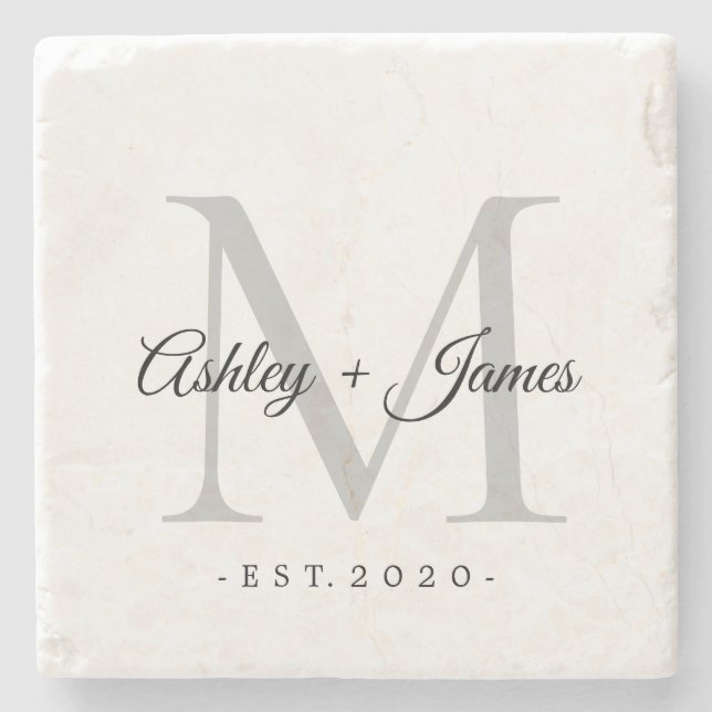 Chic Silver Monogram Bokstäver Namn Bröllopsdatum Stenunderlägg (Framsidan)