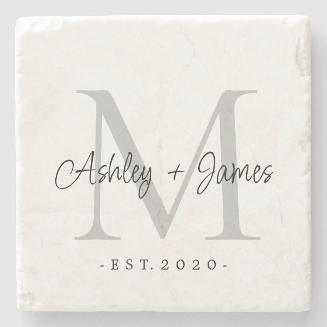 Chic Silver Monogram Bokstavsnamn Bröllopsdatum Stenunderlägg (Framsidan)