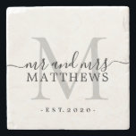 Chic Silver Monogram Skript Namn Bröllopsdatum Stenunderlägg<br><div class="desc">Elegant, modern svart märkt stenskydd med texten herr och fru samt ert efternamn och bröllopsår i svart elegant handskriven kalligrafi med ett silvergrått monogram. Lägg bara till ert namn, monogram och bröllopsår nedan. Stilrent formspråk och perfekt lyxig gåva till det nygifta paret. Om ni behöver hjälp eller matchande produkter, vänligen...</div>