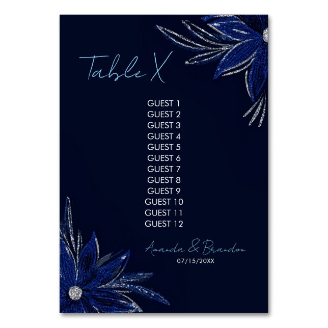 Chic Silver och marinblå Blommigten Bröllop Bordsnummer (Framsidan)