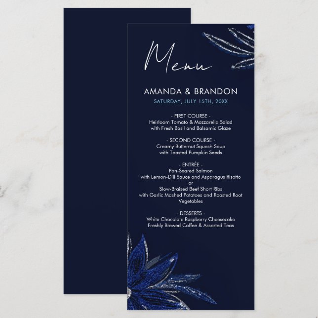Chic Silver och marinblå Blommigten Bröllop Meny (Fram/baksida)