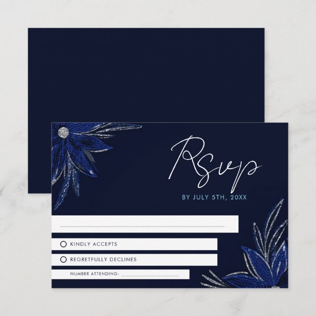 Chic Silver och marinblå Blommigten Bröllop OSA Kort (Fram/baksida)