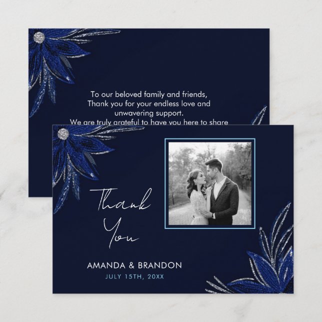 Chic Silver och marinblå Blommigten Bröllop Tack Kort (Fram/baksida)