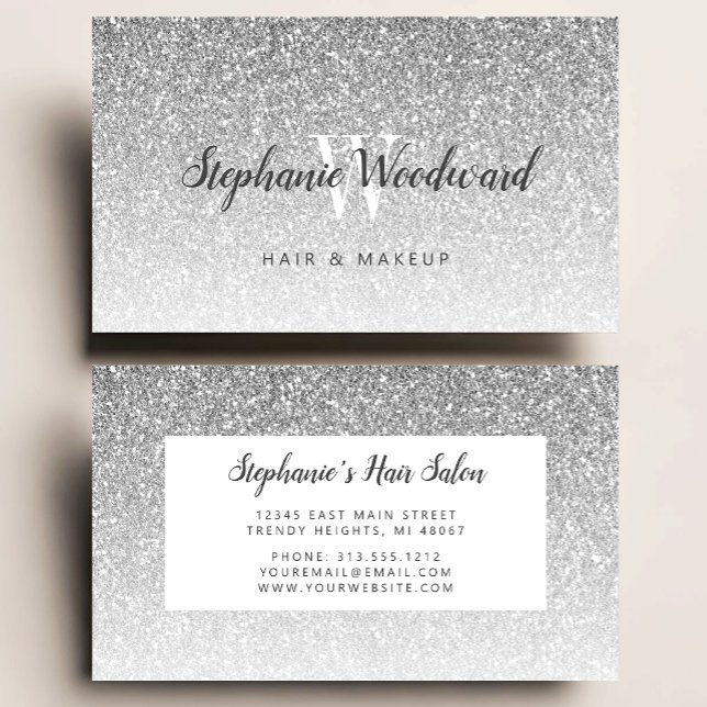 Chic Silver Ombre Glitter Monogram Hår Salong Visitkort (Skapare uppladdad)