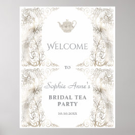 Chic Silver Peacock Möhippa Tea Party Välkomstecke Poster