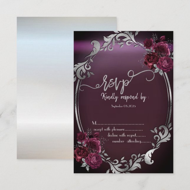 Chic Silver Ram Burgunder Rosor RSVP Inbjudningar (Fram/baksida)