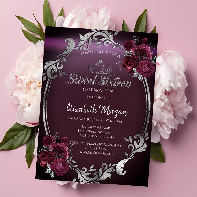 Chic Silver Ram Burgunder Rosor Sweet 16 Inbjudningar (Skapare uppladdad)