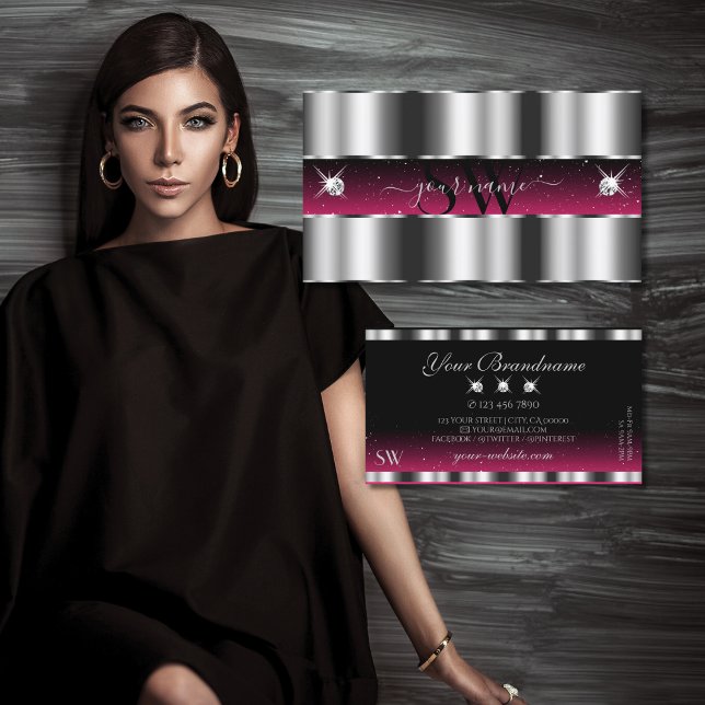 Chic Silver Rosa Black Sparkling Diamonds Initiale Visitkort (Skapare uppladdad)