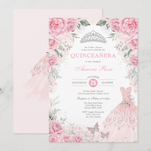 Chic Silver Rosa Blommigt Quinceañera Princess Dre Inbjudningar (Fram/baksida)