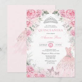 Chic Silver Rosa Blommigt Quinceañera Princess Dre Inbjudningar
