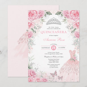 Chic Silver Rosa Blommigt Quinceañera Princess Dre Inbjudningar