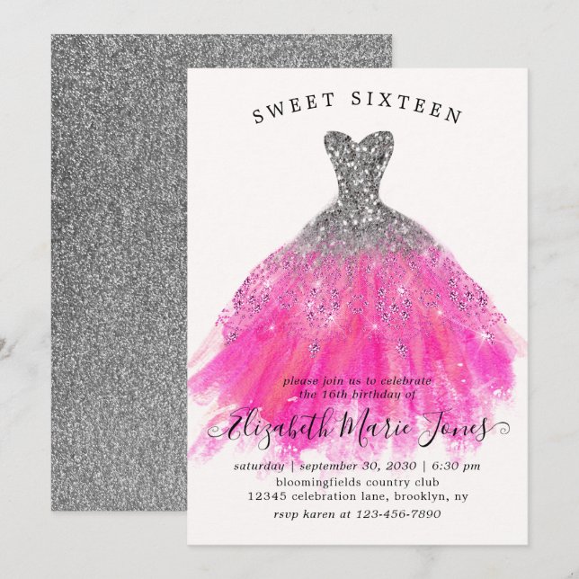 Chic Silver Rosa Gnistra Dress Sweet 16:e födelsed Inbjudningar (Fram/baksida)
