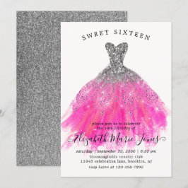 Chic Silver Rosa Gnistra Dress Sweet 16:e födelsed Inbjudningar