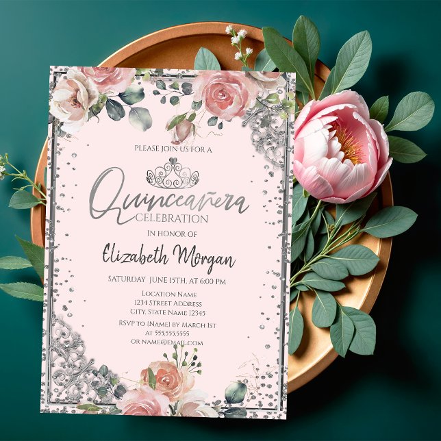 Chic Silver Tiara,Diamond Rosa ros Quinceañera Inbjudningar (Skapare uppladdad)