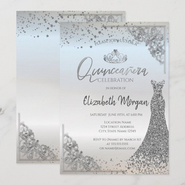 Chic Silver Tiara Dress Stars Quinceañera Inbjudningar (Fram/baksida)