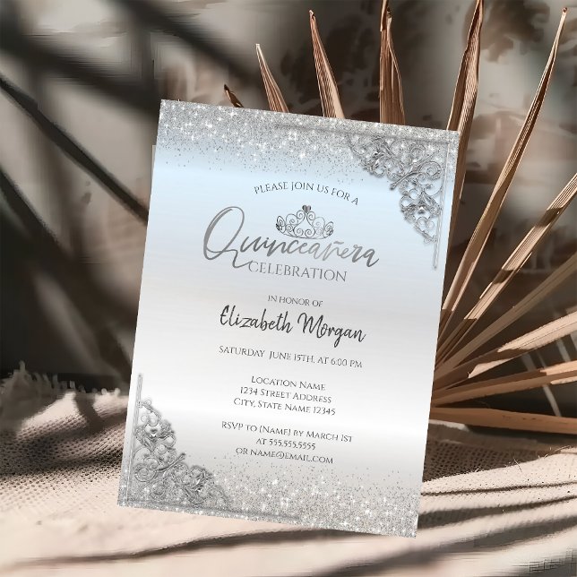 Chic Silver Tiara,Silver Dust Ram Quinceañera Inbjudningar (Skapare uppladdad)