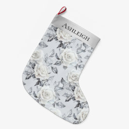 Chic Silver Vit ros Blommigt jul Stor Julstrumpa