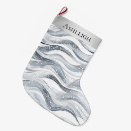 Chic Silver White Vågigt Rand jul Stor Julstrumpa