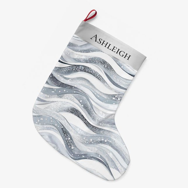 Chic Silver White Vågigt Rand jul Stor Julstrumpa (Framsidan (Hängande))