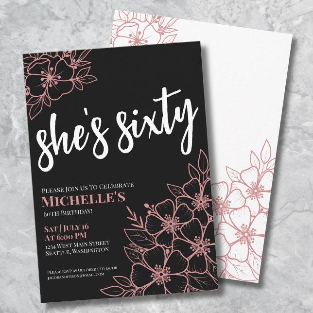 Chic Sixty Black Rose Gold 60-års födelsedagsfest Inbjudningar (Chic Sixty Black Rose Gold 60th Birthday Party Invitation)