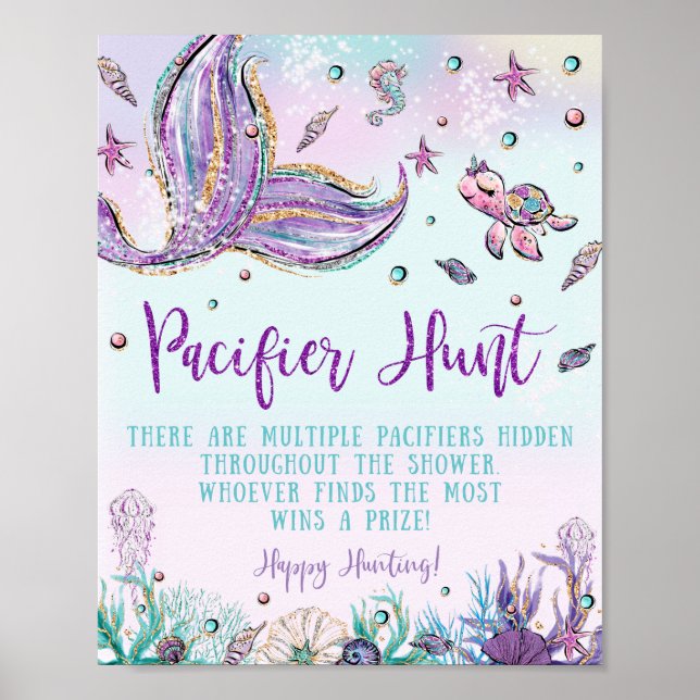 Chic Sjöjungfru Nappar Hunt Baby Shower Game Sign Poster (Framsidan)