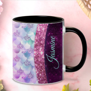 Chic sjöjungfru rosa silver faux glitter monogram kaffemugg