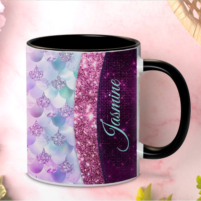 Chic sjöjungfru rosa silver faux glitter monogram kaffemugg (Skapare uppladdad)