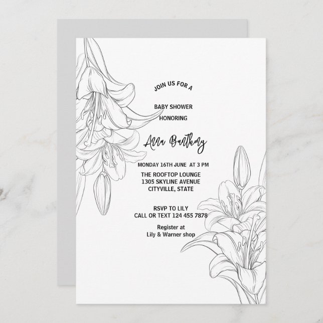 chic sketch linje teckning lily blommigt babydusch inbjudningar (Fram/baksida)