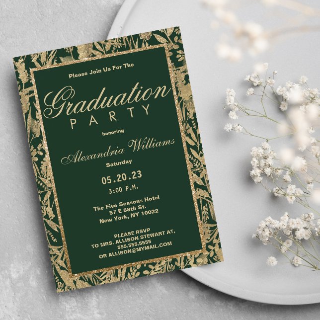 Chic Skogar grönt guld glitter blommigt Studenten Inbjudningar (Chic forest green gold glitter floral Graduation )