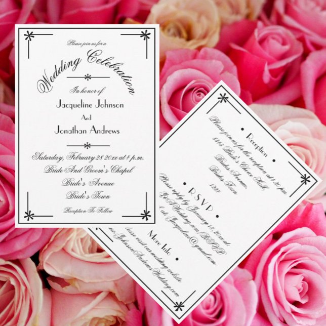Chic Skript allt på en OSA e-postwebbplats Bröllop Inbjudningar (Romantic white wedding invitations. Chic script, all in one, includes RSVP, email, website etc.)