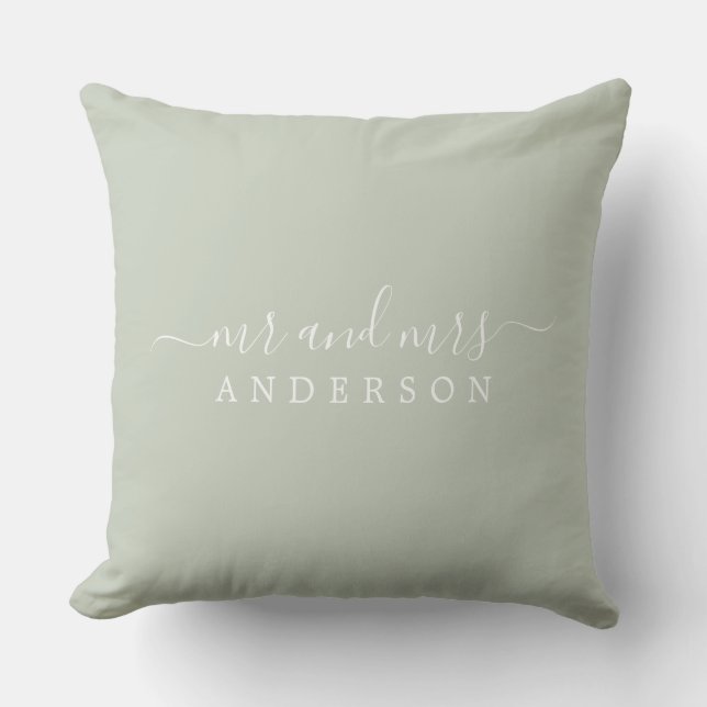 Chic Skript Pastel Grönt Newlyged Monogram Kudde (Framsida)